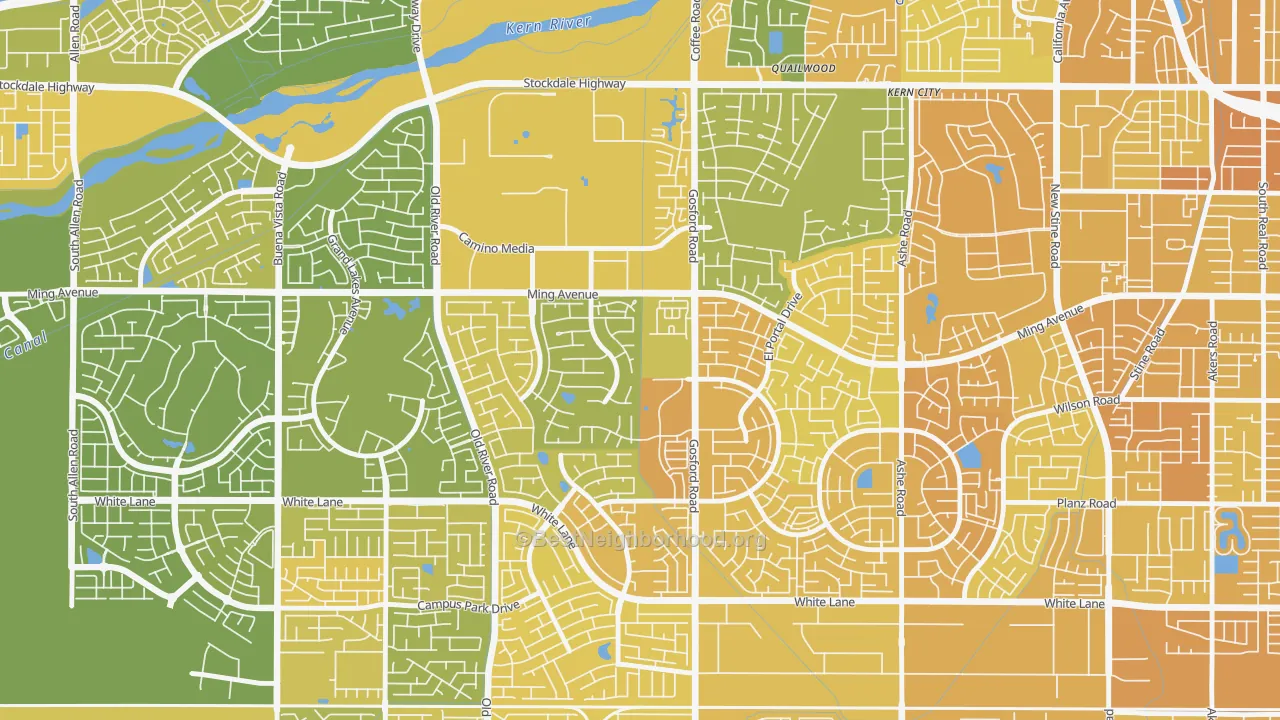Map of the best neighborhoods in the Haggin Oaks, Bakersfield area, with better matches in green and worse matches in red