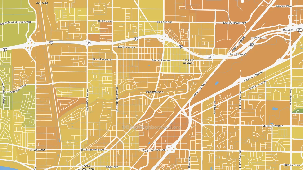 Map of the best neighborhoods in the Hagginwood, Sacramento area, with better matches in green and worse matches in red