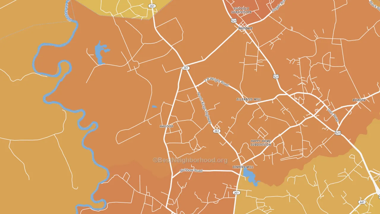 Map of the best neighborhoods in the Hagood area, with better matches in green and worse matches in red