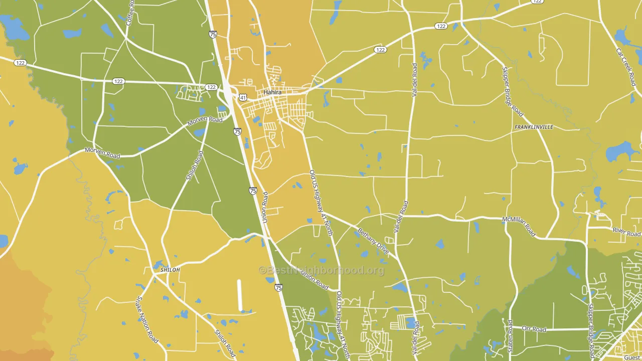 Map of the best neighborhoods in the Hahira area, with better matches in green and worse matches in red