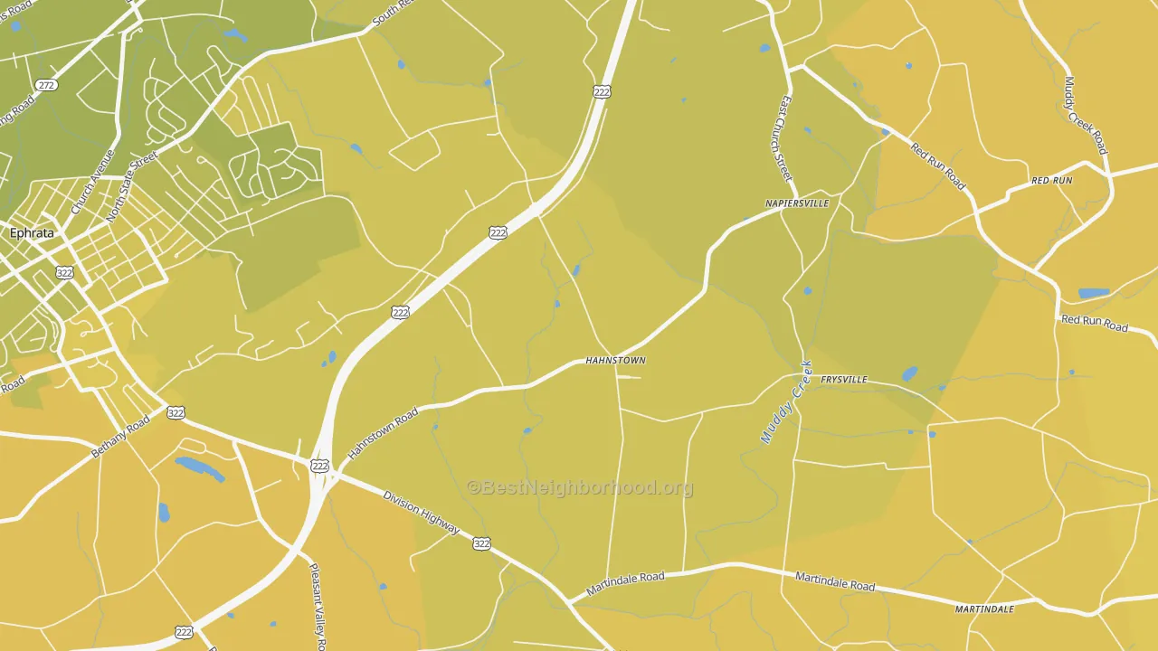 Map of the best neighborhoods in the Hahnstown area, with better matches in green and worse matches in red