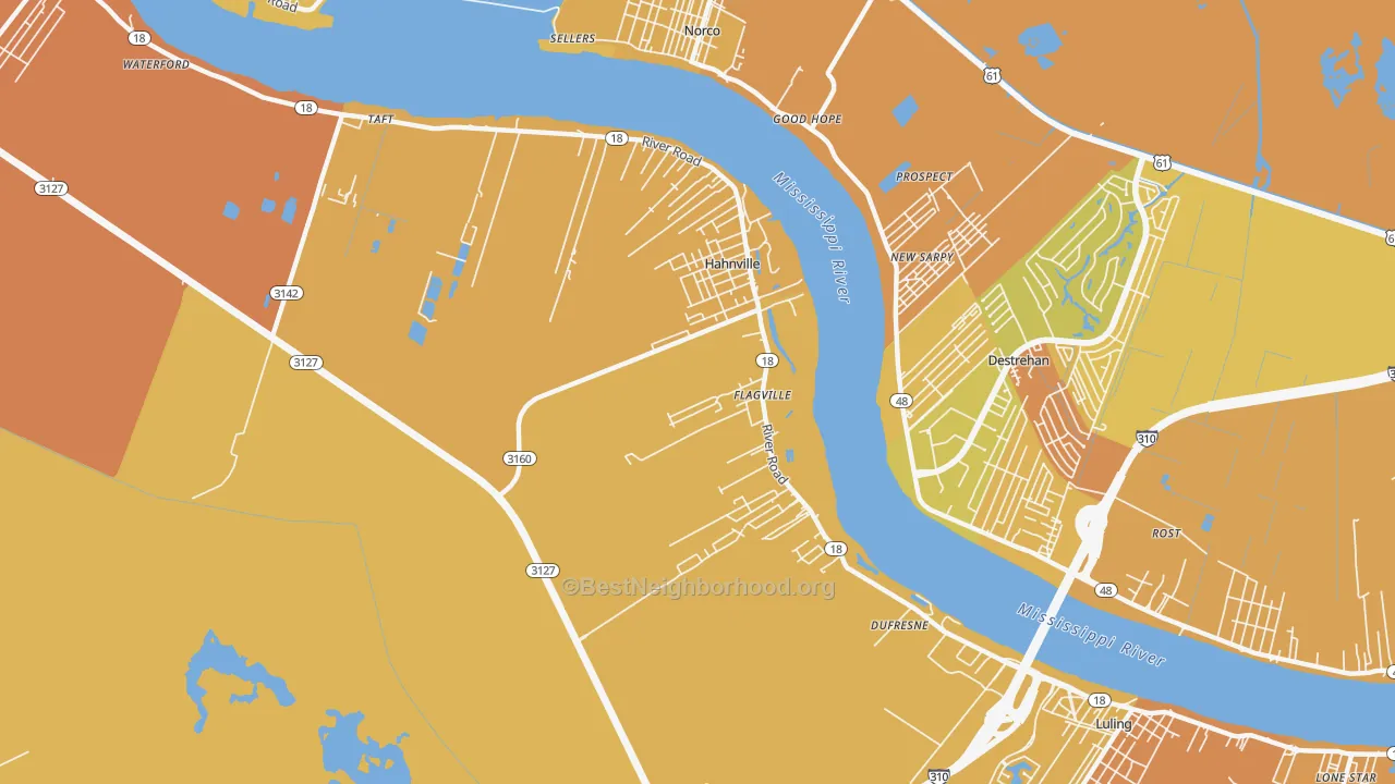 Map of the best neighborhoods in the Hahnville area, with better matches in green and worse matches in red