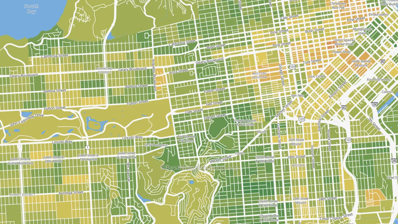 Map of the best neighborhoods in the Haight-Ashbury, San Francisco area, with better matches in green and worse matches in red
