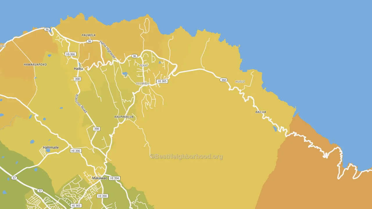 Map of the best neighborhoods in the Haiku area, with better matches in green and worse matches in red