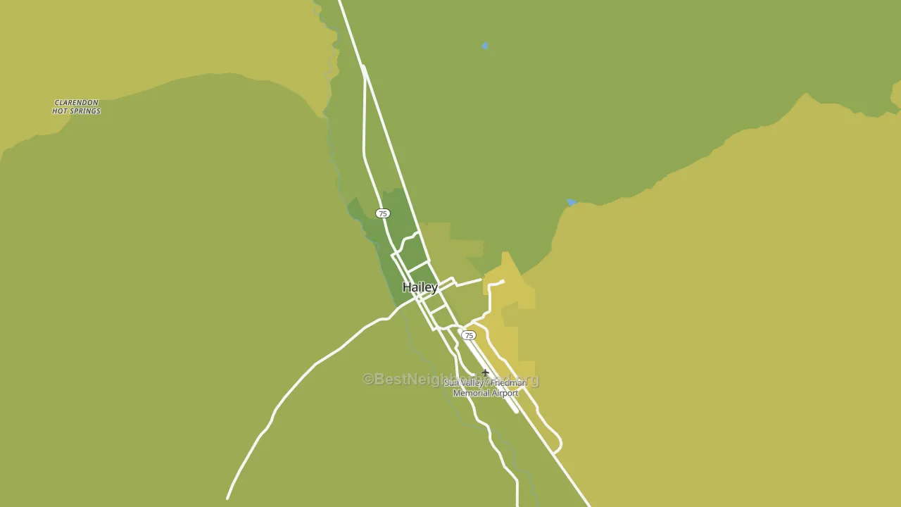 Map of the best neighborhoods in the Hailey area, with better matches in green and worse matches in red