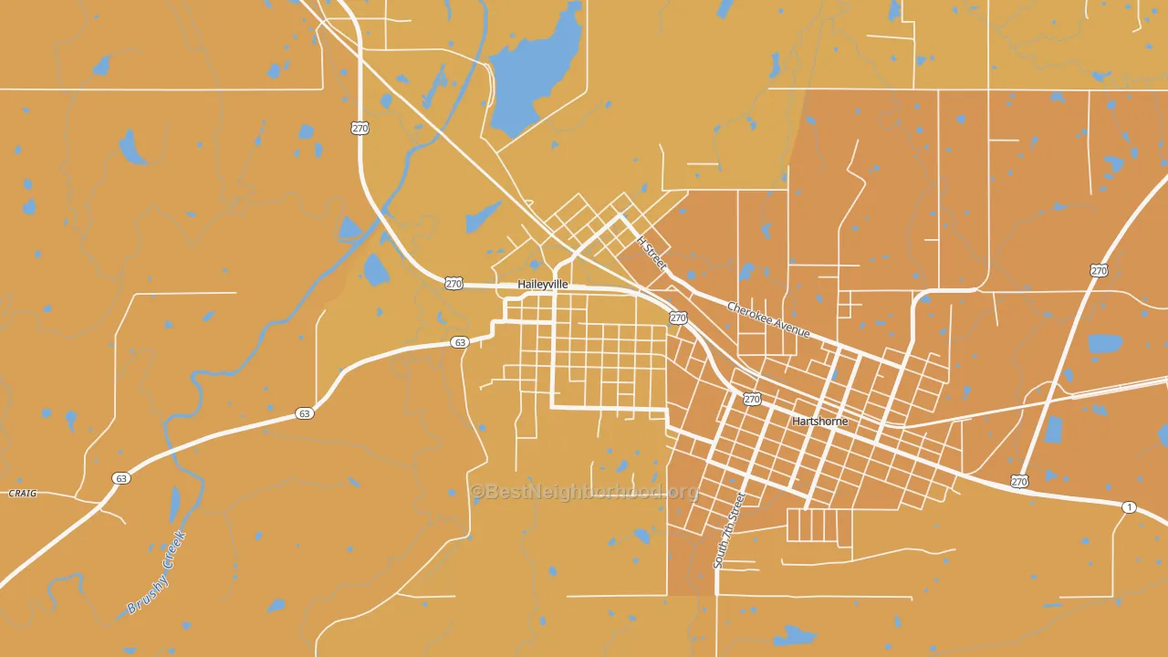 Map of the best neighborhoods in the Haileyville area, with better matches in green and worse matches in red