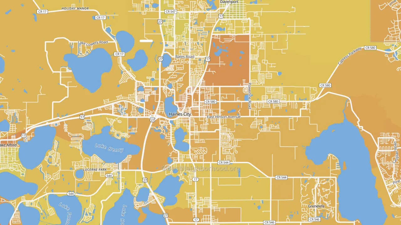 Map of the best neighborhoods in the Haines City area, with better matches in green and worse matches in red