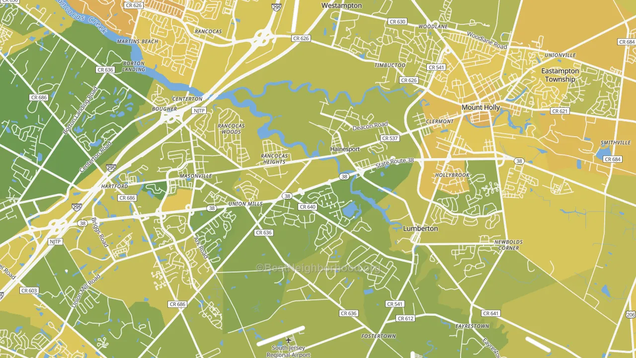 Map of the best neighborhoods in the Hainesport area, with better matches in green and worse matches in red