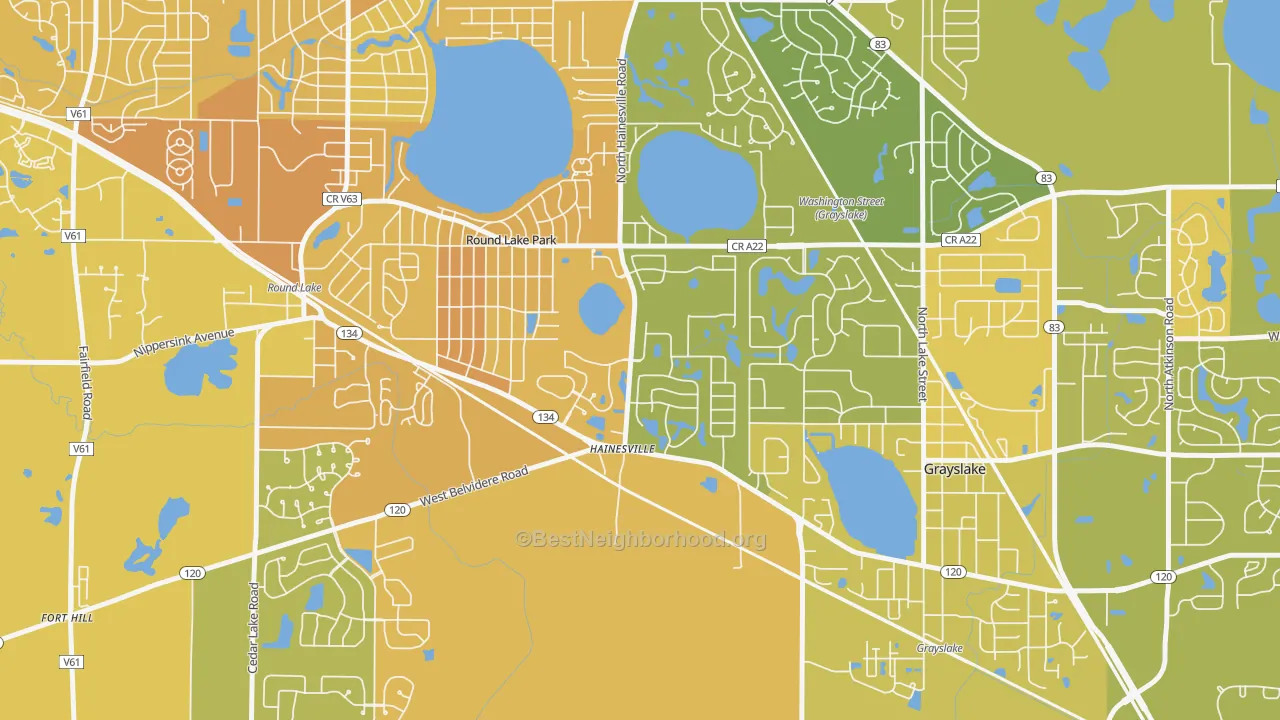 Map of the best neighborhoods in the Hainesville area, with better matches in green and worse matches in red