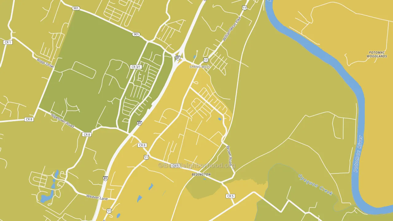 Map of the best neighborhoods in the Hainesville, Martinsburg area, with better matches in green and worse matches in red