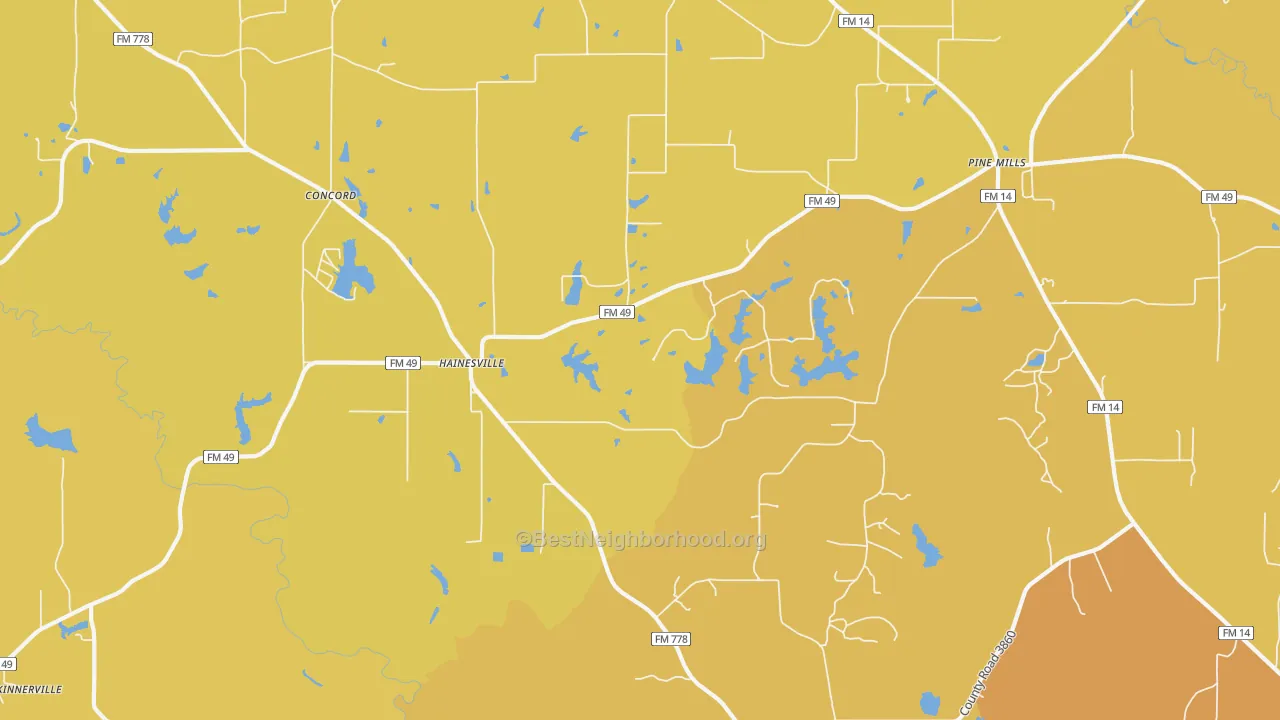 Map of the best neighborhoods in the Hainesville area, with better matches in green and worse matches in red