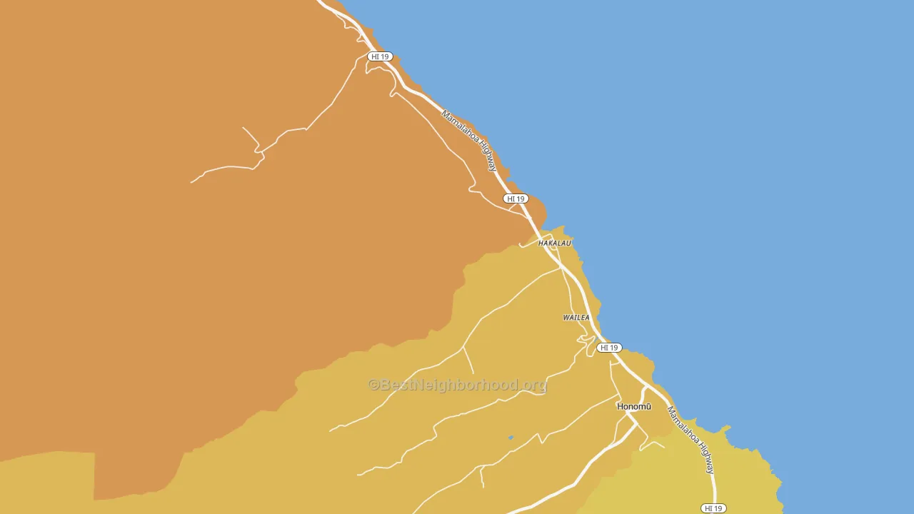 Map of the best neighborhoods in the Hakalau area, with better matches in green and worse matches in red