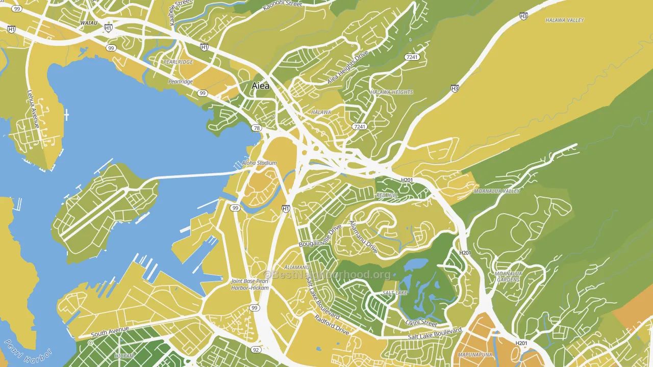 Map of the best neighborhoods in the Halawa area, with better matches in green and worse matches in red