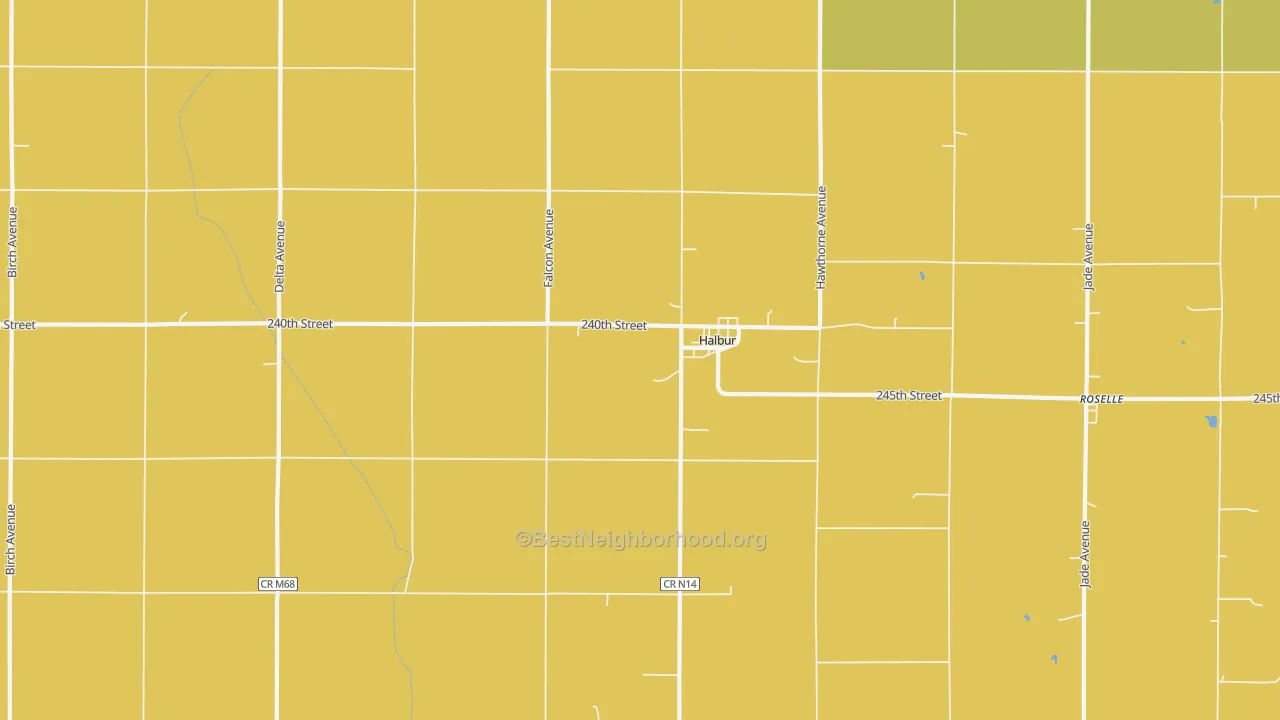 Map of the best neighborhoods in the Halbur area, with better matches in green and worse matches in red