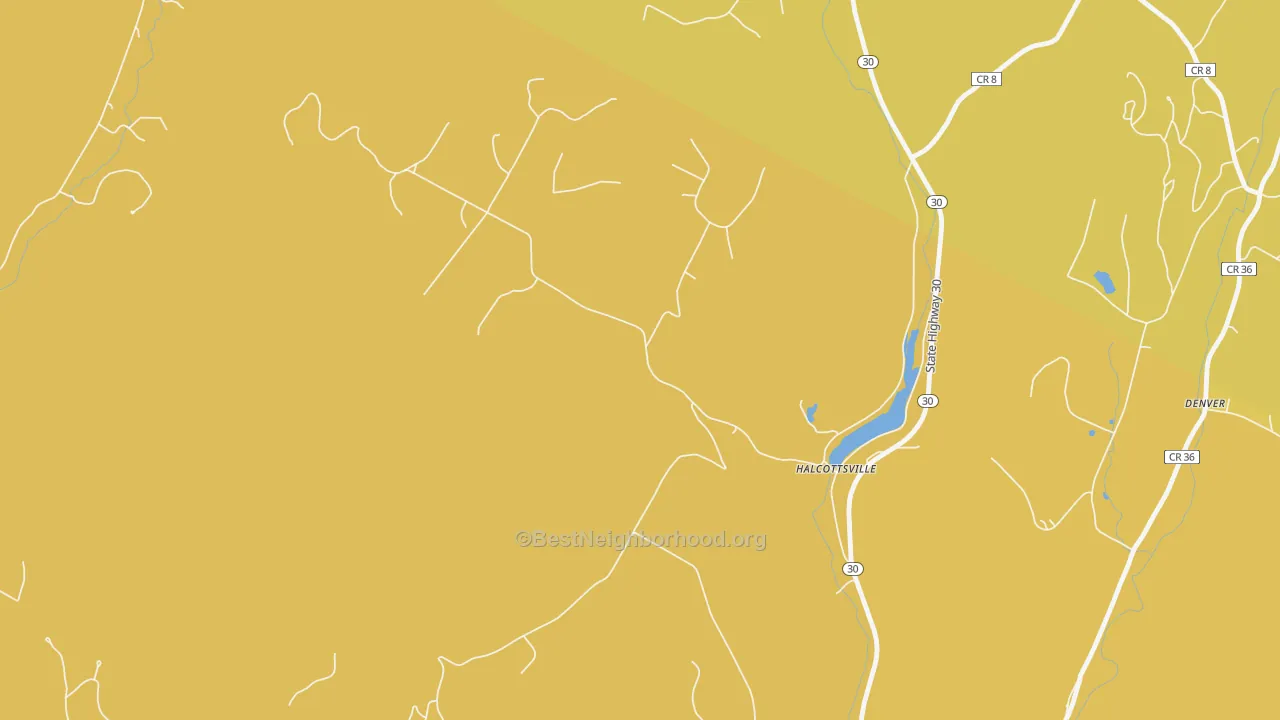 Map of the best neighborhoods in the Halcottsville area, with better matches in green and worse matches in red