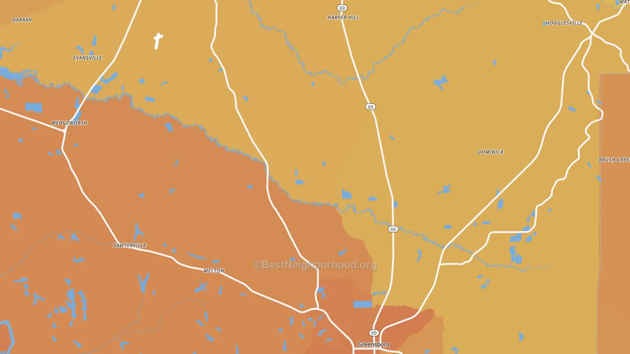 Map of the best neighborhoods in the Hale County area, with better matches in green and worse matches in red