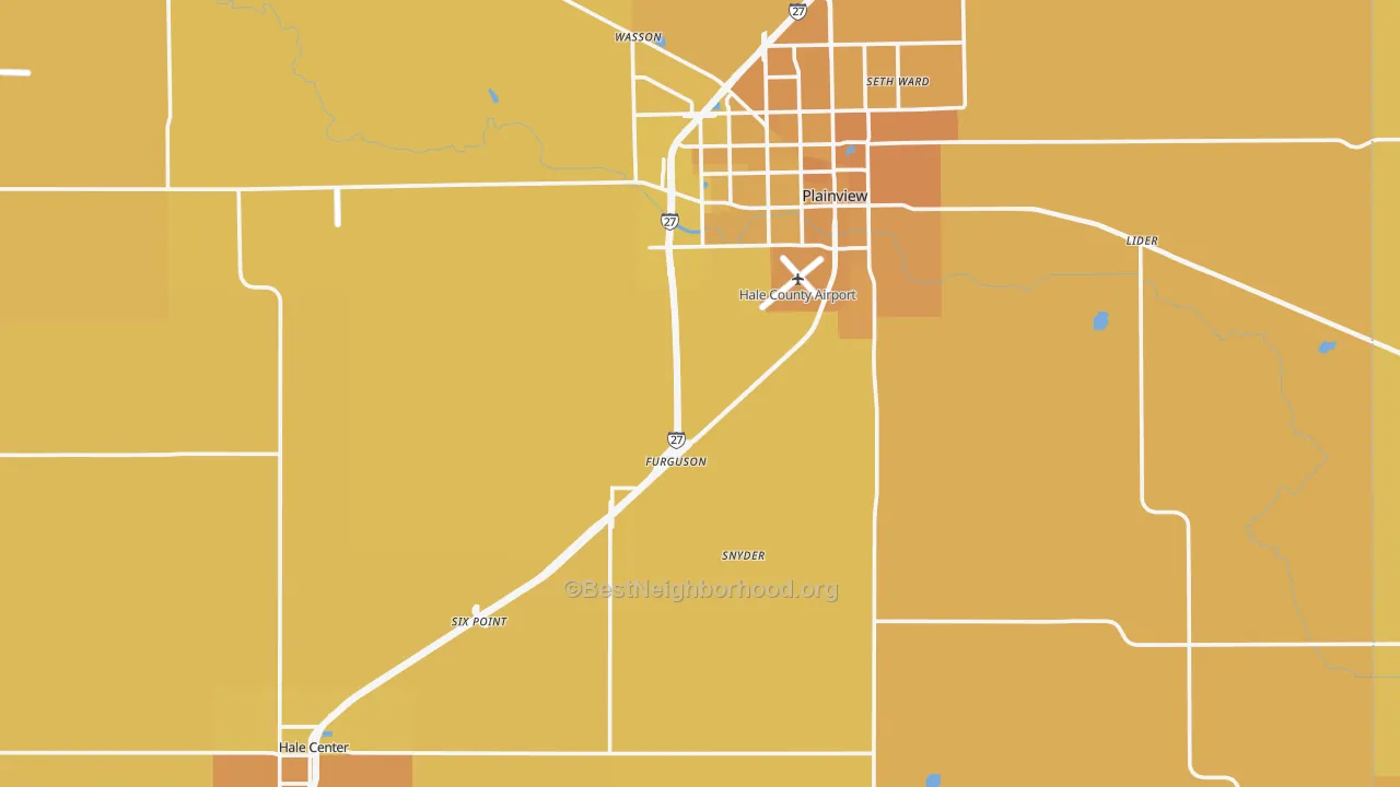 Map of the best neighborhoods in the Hale County area, with better matches in green and worse matches in red