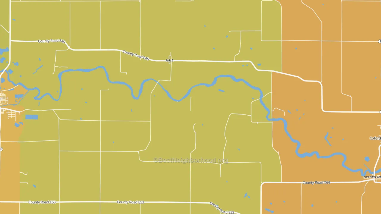 Map of the best neighborhoods in the Hale area, with better matches in green and worse matches in red