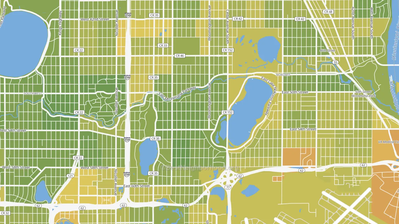 Map of the best neighborhoods in the Hale, Minneapolis area, with better matches in green and worse matches in red