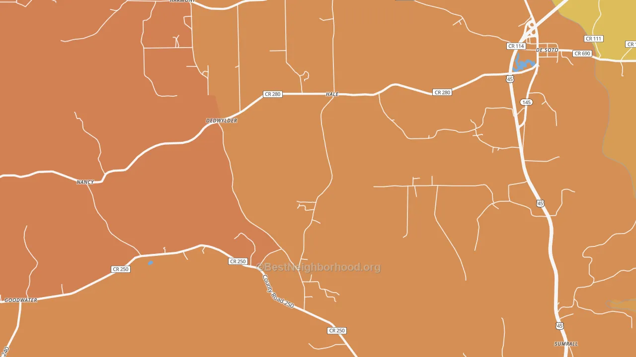 Map of the best neighborhoods in the Hale area, with better matches in green and worse matches in red