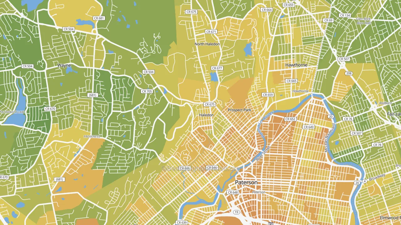 Map of the best neighborhoods in the Haledon area, with better matches in green and worse matches in red