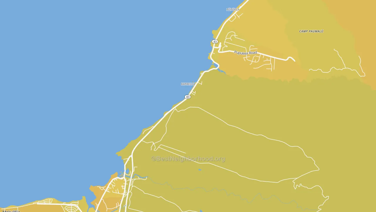 Map of the best neighborhoods in the Haleiwa area, with better matches in green and worse matches in red