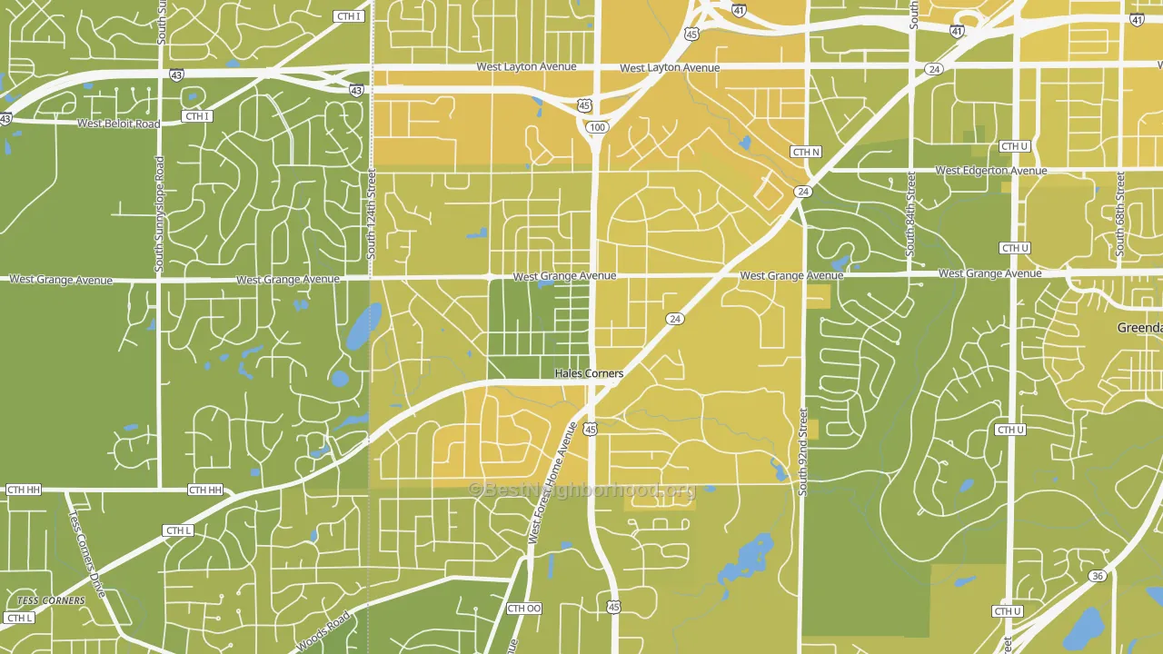 Map of the best neighborhoods in the Hales Corners area, with better matches in green and worse matches in red
