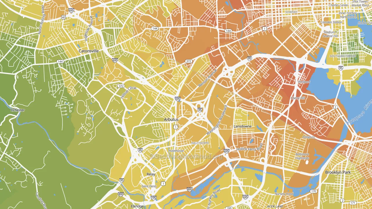Map of the best neighborhoods in the Halethorpe area, with better matches in green and worse matches in red