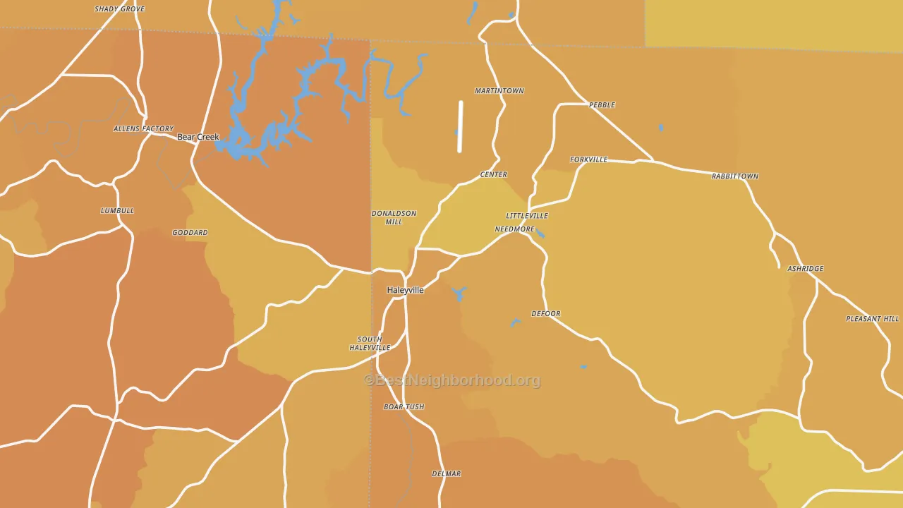 Map of the best neighborhoods in the Haleyville area, with better matches in green and worse matches in red