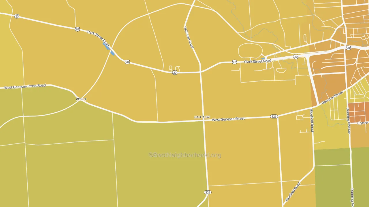 Map of the best neighborhoods in the Half Acre area, with better matches in green and worse matches in red