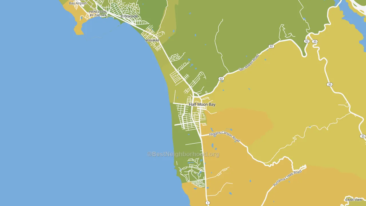 Map of the best neighborhoods in the Half Moon Bay area, with better matches in green and worse matches in red