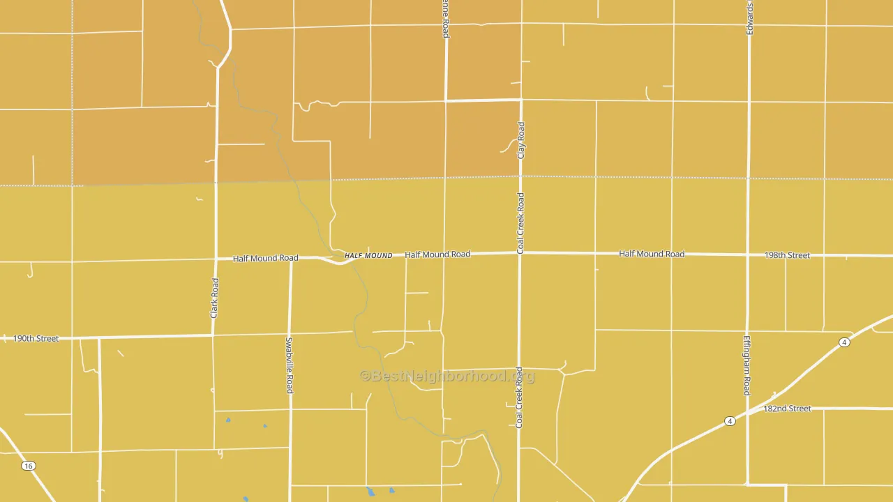 Map of the best neighborhoods in the Half Mound area, with better matches in green and worse matches in red