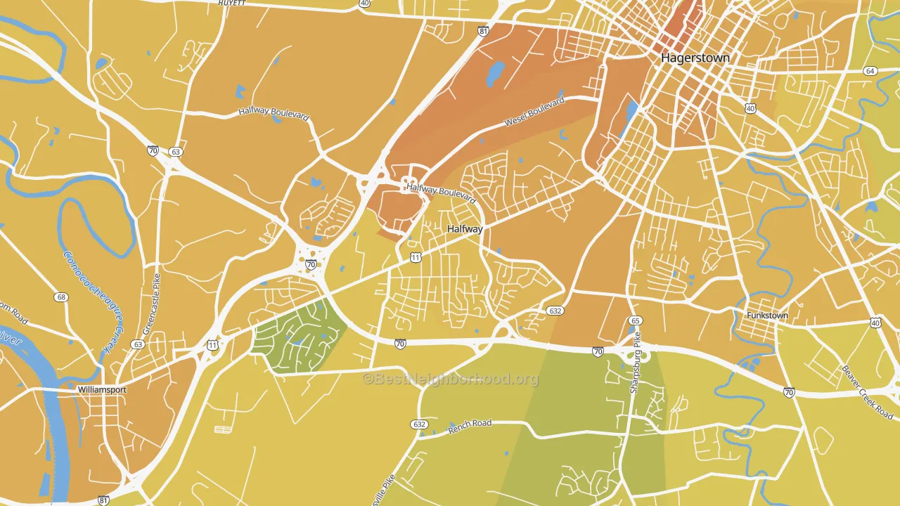Map of the best neighborhoods in the Halfway area, with better matches in green and worse matches in red