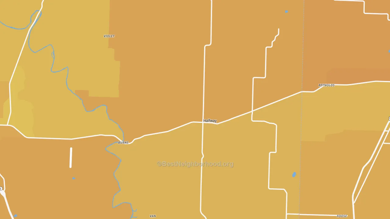 Map of the best neighborhoods in the Halfway area, with better matches in green and worse matches in red
