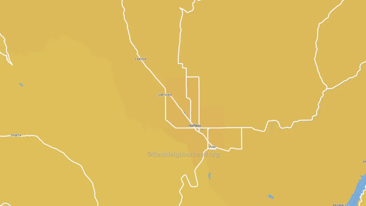 Map of the best neighborhoods in the Halfway area, with better matches in green and worse matches in red