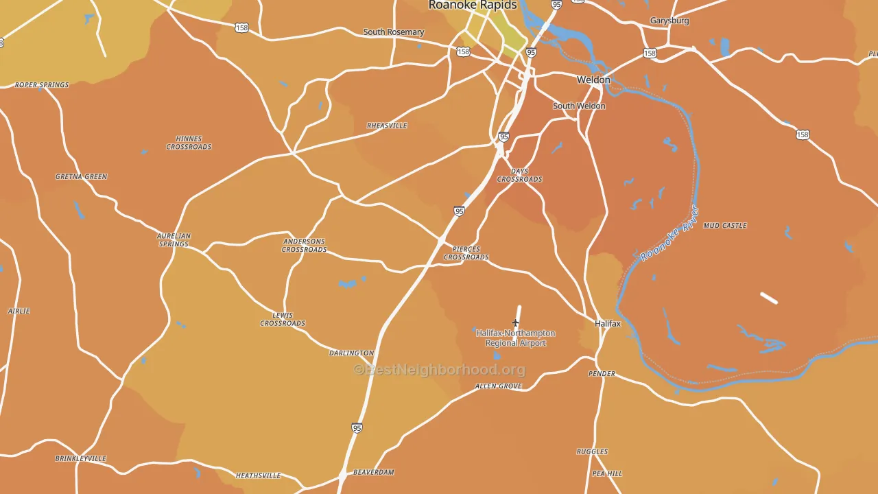 Map of the best neighborhoods in the Halifax County area, with better matches in green and worse matches in red