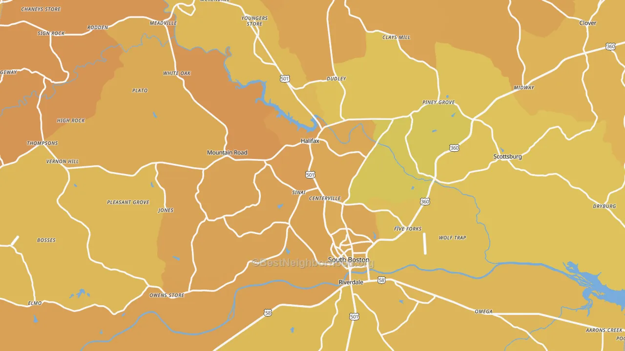 Map of the best neighborhoods in the Halifax County area, with better matches in green and worse matches in red