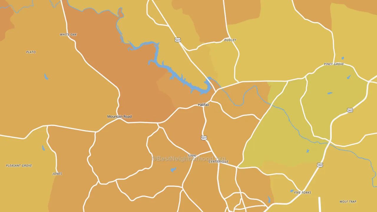 Map of the best neighborhoods in the Halifax area, with better matches in green and worse matches in red