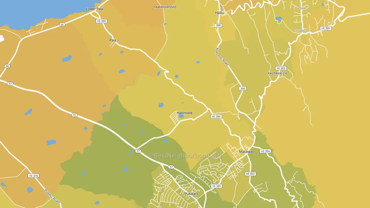 Map of the best neighborhoods in the Haliimaile area, with better matches in green and worse matches in red