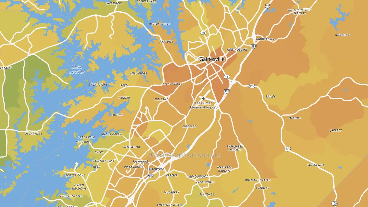 Map of the best neighborhoods in the Hall County area, with better matches in green and worse matches in red