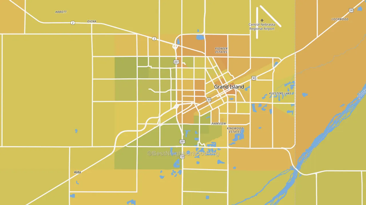 Map of the best neighborhoods in the Hall County area, with better matches in green and worse matches in red