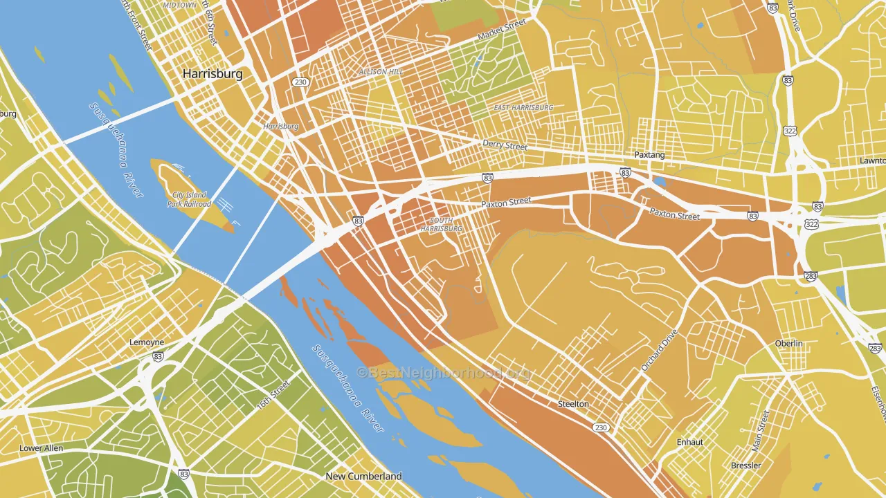 Map of the best neighborhoods in the Hall Manor, Harrisburg area, with better matches in green and worse matches in red