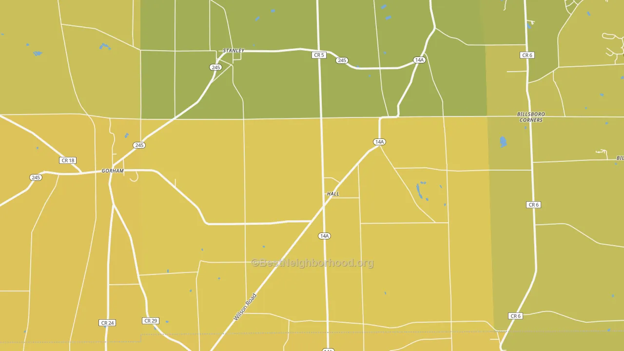 Map of the best neighborhoods in the Hall area, with better matches in green and worse matches in red