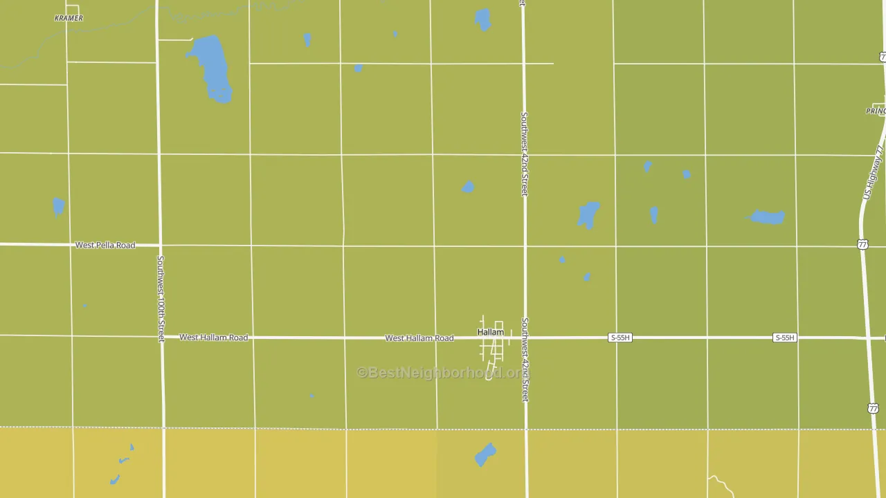 Map of the best neighborhoods in the Hallam area, with better matches in green and worse matches in red