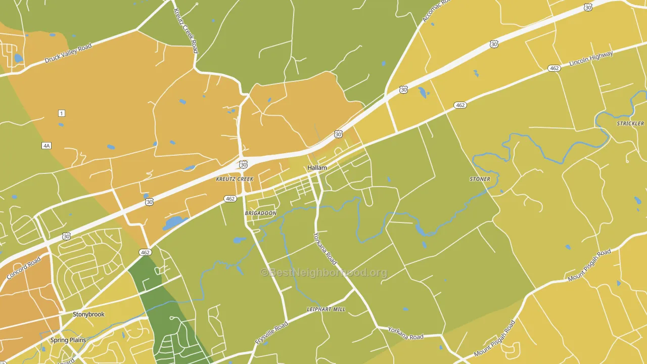 Map of the best neighborhoods in the Hallam area, with better matches in green and worse matches in red