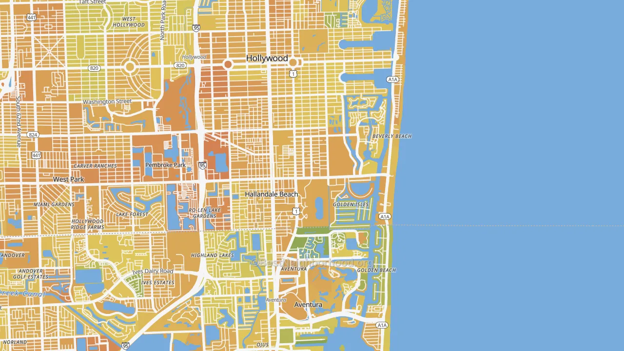 Map of the best neighborhoods in the Hallandale Beach area, with better matches in green and worse matches in red