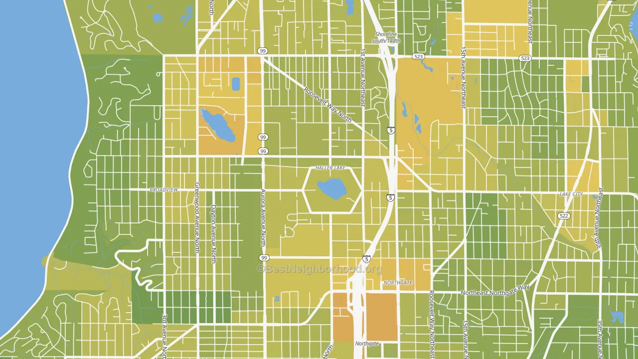 Map of the best neighborhoods in the Haller Lake, Seattle area, with better matches in green and worse matches in red