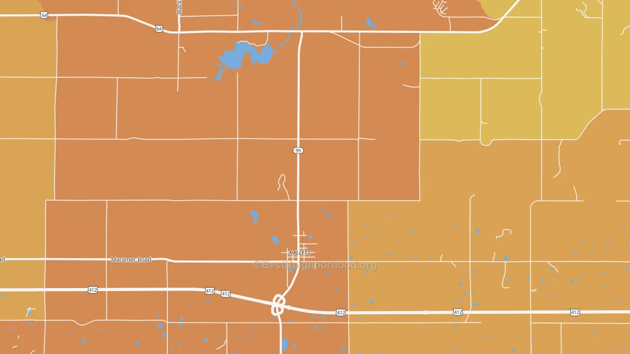 Map of the best neighborhoods in the Hallett area, with better matches in green and worse matches in red