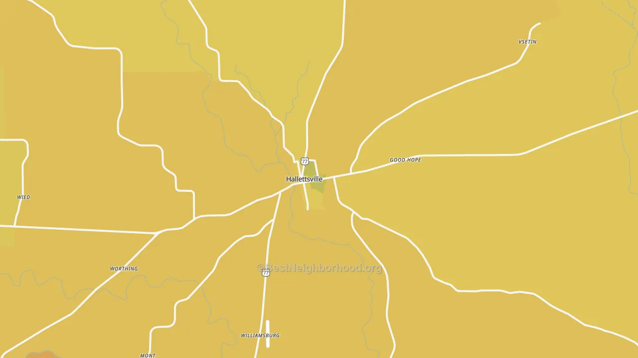 Map of the best neighborhoods in the Hallettsville area, with better matches in green and worse matches in red