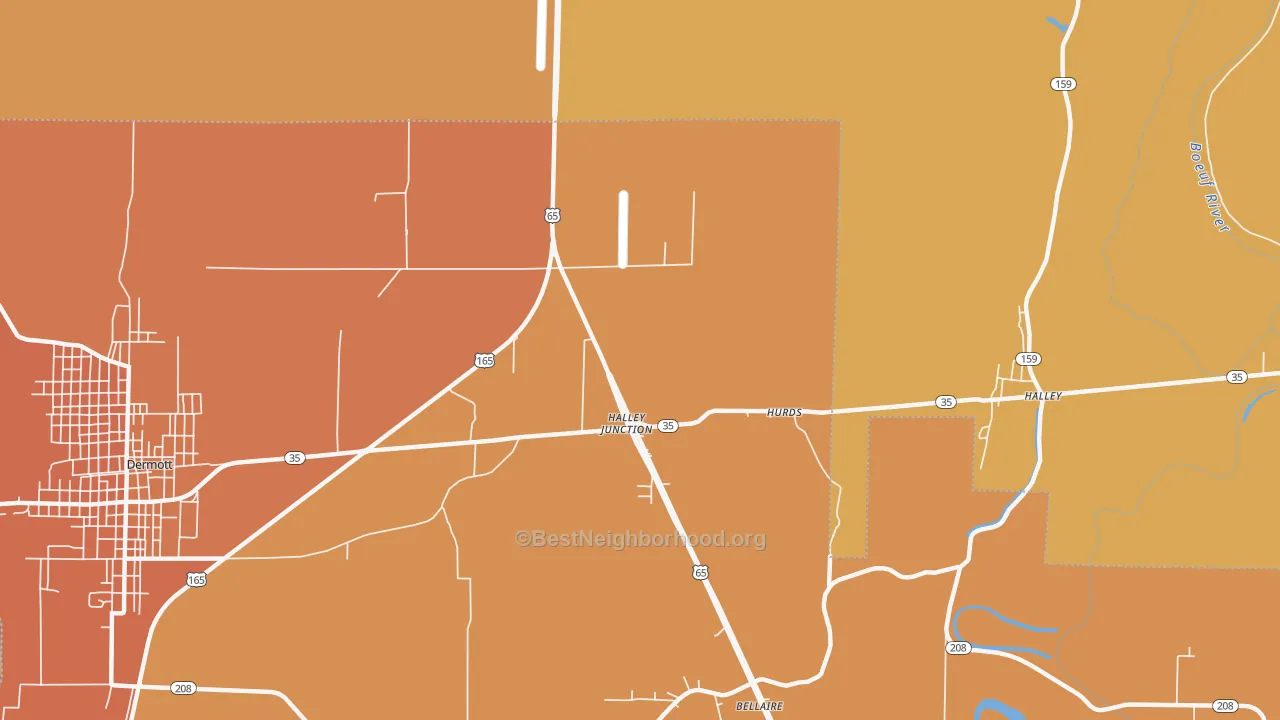 Map of the best neighborhoods in the Halley Junction area, with better matches in green and worse matches in red